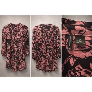 New Directions Pink Black Floral Shift Dress V-Neck Long Sleeve Size M